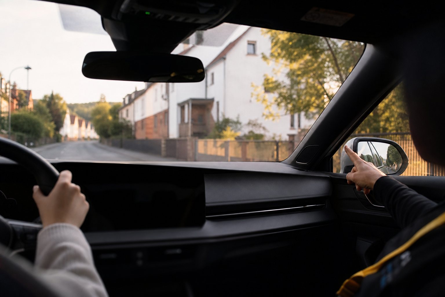 Blick von der Rückbank während einer Fahrstunde: Fahrschüler am Steuer, der Fahrlehrer zeigt zum Außenspiegel
